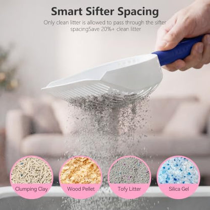 Cat Litter Scoop with Holder, 3 in 1 Metal Kitty Scooper | Heavy Duty Deep Litter Sifter with Dustpan & Mini Broom, Dual Coarse & Fine Grid, Quick Sift, Universal for All Cat Litter - color: Dark Blue, size: Large