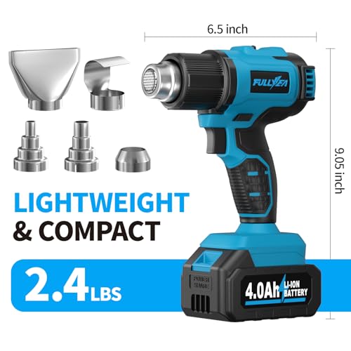 FULLYEA Heat Gun Cordless, Max 1022°F (550°C), Hot Air Gun Kit with 2x4.0Ah Batteries & 5 Nozzles, Lightweight Portable, Battery Heat Gun for Shrink Tubing, PVC Wrap, DIY Craft (Blue)