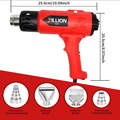 1800W Heat Gun - BILLION GOLD 3D Grip Heavy Duty Hot Air Gun 120℉-1200℉ | Fast Heat Dual Temp Kit with 4 Nozzles, Overheat Protection For Resin Craft, Paint Removal, Heat Shrink Tubing & Diy Crafts