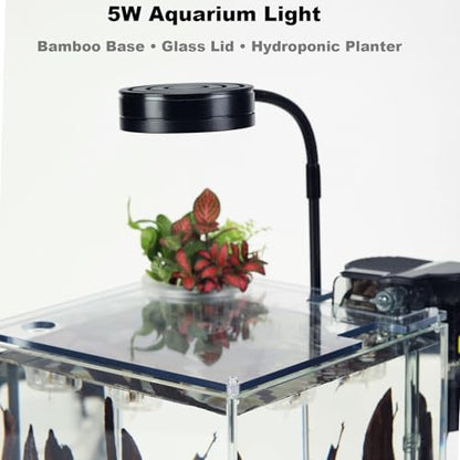 2.5 Gallon Nano Aquarium Kit with Bamboo-Base LED Light, Hanging Filter & Hydroponic-Ready Lid – Ideal for Betta, Shrimp, or Aquatic Plants