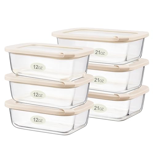 Glass Food Storage Containers with Glass Lids, Microwave Safe Food Container Set, Aitight Meal Prep Container Set, LeakProof, 100% Plastic Free, 6 Pack - color: Ivory White - 6RT