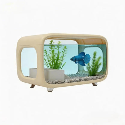 Desktop Fish Tank, 3.2Gal Small Betta Fish & Turtle Tanks, Aquarium Bowl with Detachable Basking Platform, Multi-Functional Areas Aquascape Tanks for Fish Terrapin Frog Shrimp Crab (White) - color: White