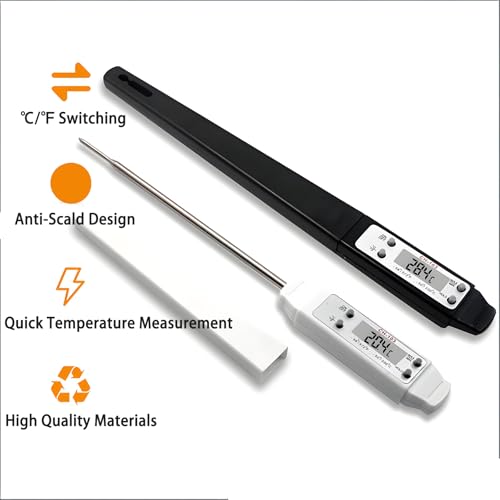 Meat Thermometer, Waterproof Digital Food Thermometer Instant Read with 120mm Long Probe, Automatic Calibration, Kitchen Cooking Thermometer for BBQ, Grill, Water Temperature(Black) - color: Black