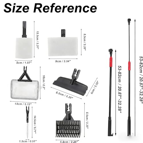 7-in-1 Aquarium Cleaning Kit with Telescopic Handle, Fish Tank Maintenance Tools Set, 20.8-32 Inch Extension, Includes Algae Scraper, Net, Gravel Rake, Brushes for Fresh and Saltwater