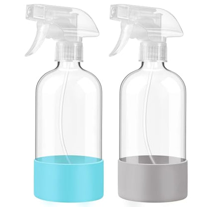 Glass Spray Bottles with Silicone Sleeve, 2 Pack16 oz Empty Refillable Containers with Adjustable Spray Nozzles, Spray Bottles for Hair, Cleaning Solutions and Plants Blue&Grey | Leak-Proof Empty Refillable Containers with Adjustable Spray Nozzles, Spray