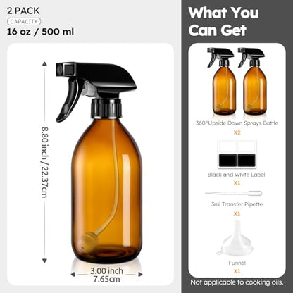 Tecohouse 360° 16 OZ Amber Glass Spray Bottles 2 Pack | 360° All-Angle Spray, Leakproof, Empty Refillable Containers for Cleaning Solutions, Plants, Facial Hydration, Hairs Care, - color: Amber 16 oz