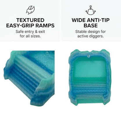 Hermit Crab Pools with Built-in Bubblers – Set of 2 (Fresh & Salt Water) – Upgraded Heat-Resistant PETG 3D Printed Water Bowls with Safe Exit Ramps (Glazed Blue/Green)