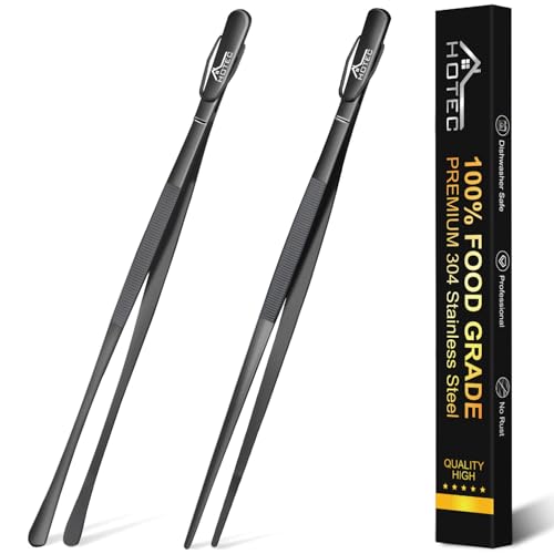 HOTEC Kitchen Tweezers Tongs Stainless Steel Professional Chef Tweezers, Set of 2-12inch Extra-Long Food Tongs for Cooking,Grill and Baking - color: Black, size: 2PCS: 12 Inch with hook