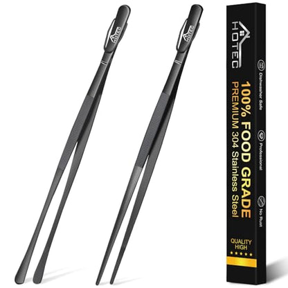 HOTEC Kitchen Tweezers Tongs Stainless Steel Professional Chef Tweezers, Set of 2-12inch Extra-Long Food Tongs for Cooking,Grill and Baking - color: Black, size: 2PCS: 12 Inch with hook