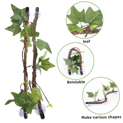 Reptile Branch 2PCS 17 Inch Realistic Reptile Vines with Leaves and Suction Cup Bendable Fake Terrarium Branches for Reptiles Tank Accessories for Snake Lizard Bearded Dragons Gecko Climbing