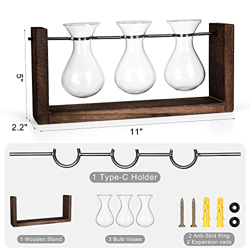 YIBOT Wall Hanging Planter Plant Propagation Stations Glass Flower Vase | Plant Terrarium with Wooden Stand,Gifts for Plant Lovers,Bathroom, Home Office Living Room Decor - size: 3Vase-M