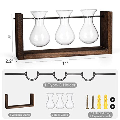 YIBOT Wall Hanging Planter Plant Propagation Stations Glass Flower Vase | Plant Terrarium with Wooden Stand,Gifts for Plant Lovers,Bathroom, Home Office Living Room Decor - size: 3Vase-M