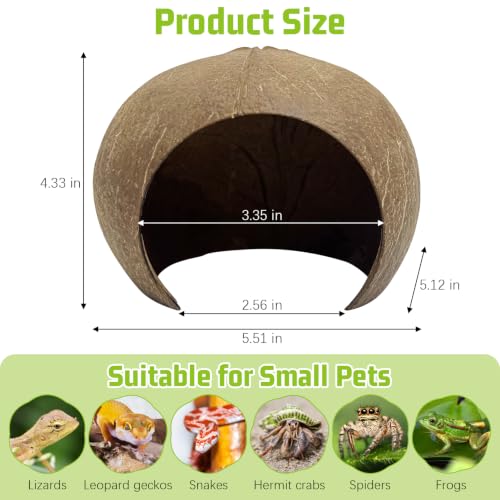 PINVNBY Large Natural Coconut Reptile Hideouts Lizard, Coco Hut Hermit Crab Hut Aquarium Fish Hide Cave for Small Reptile Crested Gecko Leopard Gecko Spider Snail Climber Toys - size: Extra Large Size, 1 PCS