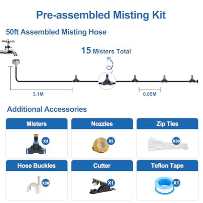 Pre-Assembled Misters for Outside Patio,Outdoor Misting System,50FT|15M. | Backyard Water Cooling Mist Kit for Garden,Greenhouse,Deck,Umbrella,Canopy,Pool,Porch.Trampoline Sprinkler,Party Accessories - size: 50FT-Pre