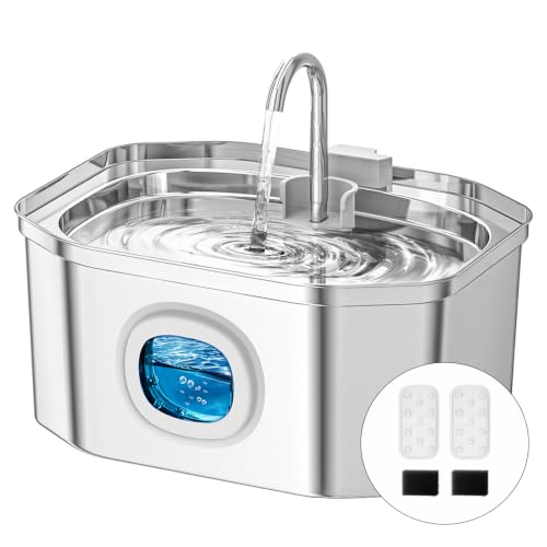 Cat Water Fountain, Apauk 108oz/3.2L Silent cat Water Fountain Stainless Steel, Cat Fountain, Automatic Pet Water Fountain,Dog Bowl, Controllable Blue Light - (2 Filters& 2 Sponges)