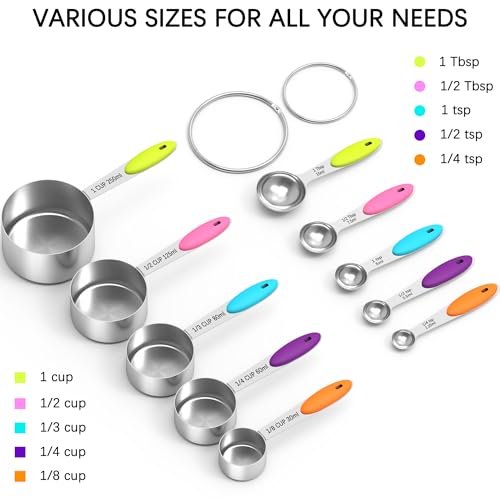 Nesting Measuring Cups and Spoons Set, Stainless Steel with Soft Silicone Handle – Heavy Duty & Dishwasher Safe for Measuring Dry/Liquid Ingredients, Ideal for Cooking & Baking (10)