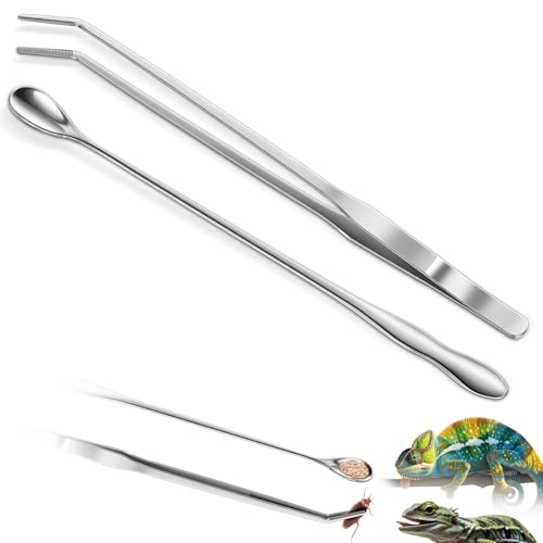 2pcs Reptile Feeding Tongs, Feeding Spoon, Stainless Steel Aquarium Feeding Tools, Curved Long Tweezers 10.6 in, Long Spoon 10 in (Coffee Spoon) for Feeding Lizards, Bearded Dragons and More.