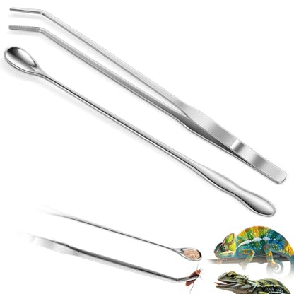 2pcs Reptile Feeding Tongs, Feeding Spoon, Stainless Steel Aquarium Feeding Tools, Curved Long Tweezers 10.6 in, Long Spoon 10 in (Coffee Spoon) for Feeding Lizards, Bearded Dragons and More.