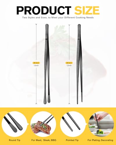 2 Pcs 12-Inch Kitchen Tweezers Fine Tweezer Tongs, Stainless Steel Professional Long Cooking Tweezers for BBQ, Sea Food, Repairing and Serving (BLACK) - color: Black, size: 12 IN