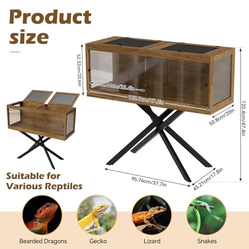 80 Gallon Bearded Dragon Tank with Stand & 4 Leg, Front Sliding Door Tempered Glass Reptile Habitat with Mesh Top for Snakes/Lizards/Geckos/Tortoises (Bulbs Not Included,47inch,Brown)