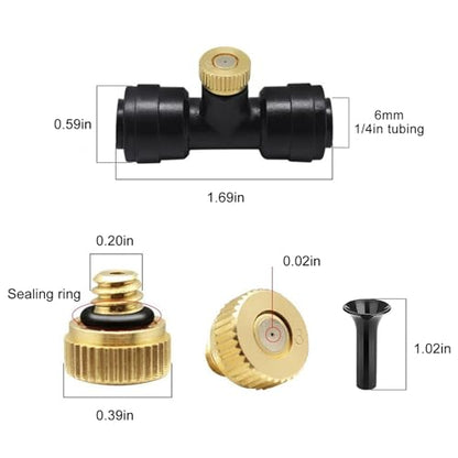 Brass & Black Misting Nozzles Kit - 20pcs Mister Nozzles & Tees with 2pcs Plugs for 1/4" Tubing and Outdoor Patio System