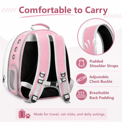 Expandable Cat Carrier Backpack with Bubble Window, Pink | Breathable mesh, anti-collapse frame, side door, safety leash and escape-resistant zippers for vet visits and outdoor travel. - color: Pink