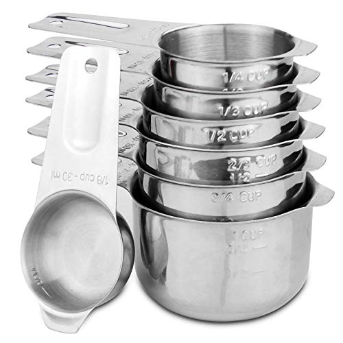7-Piece 18/8 Stainless Steel Measuring Cups Set, Silver | Includes 1/16, 1/4, 1/3, 1/2, 2/3, 3/4 and 1 Cup, Engraved US and Metric Markings, Pour Spouts and Ring Connector - color: Silver, size: 7 Piece