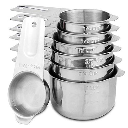7-Piece 18/8 Stainless Steel Measuring Cups Set, Silver | Includes 1/16, 1/4, 1/3, 1/2, 2/3, 3/4 and 1 Cup, Engraved US and Metric Markings, Pour Spouts and Ring Connector - color: Silver, size: 7 Piece