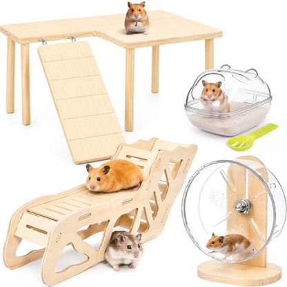 BreezeHug 4 Pcs Hamster Cage Accessories Hamster Platform Hideout Wooden Tunnel Ladder Playhouse Game Climbing Toy with Platform for Pets Dwarf Syrian Mice Degus Gerbils Squirrel(Wood) - style: Wood