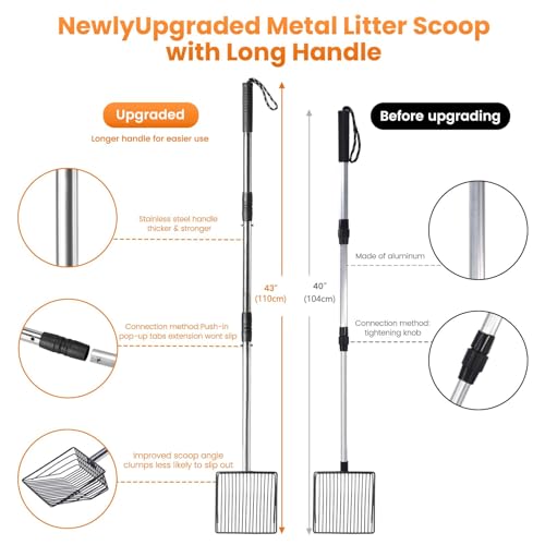 Cat Litter Scoop 43 inch Metal Litter Scooper with Stainless Steel Long Handle, Upgraded Large Kitty Box Scooper Heavy Duty Deep Shovel for Fast Sifting, Dog Waste Scooops for Outside Pet Poop