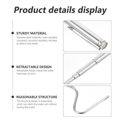 HOMSFOU Stainless Steel Retractable Snake Hook Reptile Catcher with Telescopic Long Handle for Safe Snake and Lizard Handling in Reptile Care