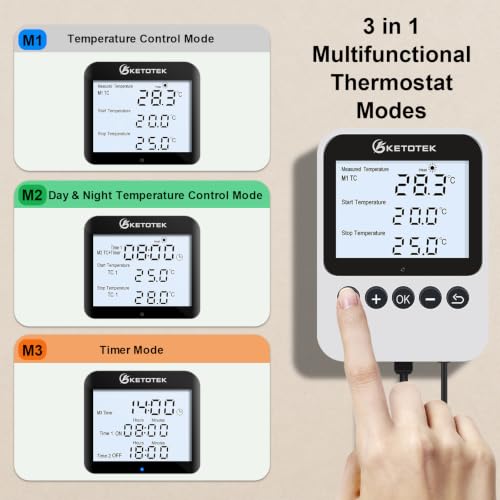 KETOTEK Digital Thermostat Timer Plug Outlet – Auto Day/Night Temperature Controller, Temp Switch 120V Backlit LCD for Reptile Terrarium & Greenhouse, 3 Modes Selectable, 3m Sensor Probe