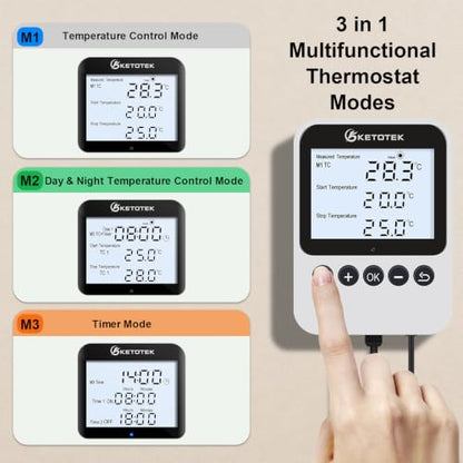 KETOTEK Digital Thermostat Timer Plug Outlet – Auto Day/Night Temperature Controller, Temp Switch 120V Backlit LCD for Reptile Terrarium & Greenhouse, 3 Modes Selectable, 3m Sensor Probe