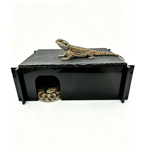 Reptile Basking Platform Hideout, Acrylic Snake Hide Cave with Natural Slate Rock, Terrarium Decor for Bearded Dragon Tank Accessories, Ball Python, Leopard Gecko, Tortoise & Chameleon (Medium Black) - color: Medium Black