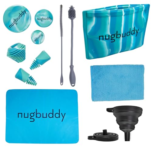 Glass Cleaning Kit - Reusable Silicone Accessories - Complete Kit to Clean your Piece, Just Add Cleaner - Reusable Soaker Bag, Brushes, Mat, Caps & Plugs, Funnel, & Microfiber Towel - color: Blue Green