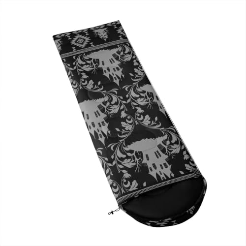 Erosebridal Longhorn Cow Skull Sleeping Bag for Kids Goth Witchy Damask Camping Blanket for Hiking Travel Hunting Sleep Bag - color: Black Halloween Castle