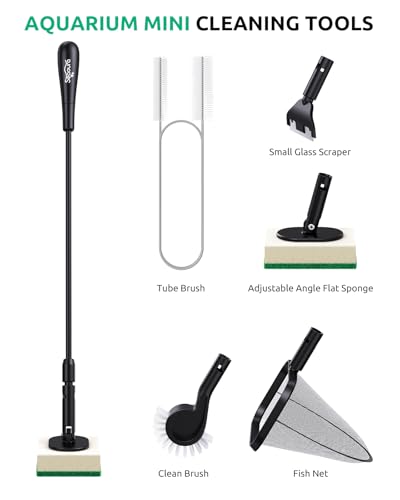 Aquarium Algae Scraper Small Fish Tank Cleaner for Glass Algae Scrubber Set | 5in1 Aquariums Cleaning kit with Seaweed Scraper, Flat Sponge, Fish Net, Clean Brush, Tube Brush for Freshwater turtle Tanks