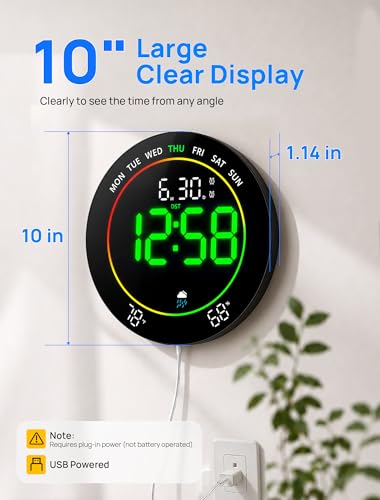 MASHI 10" Easy-Read Large Digital Wall Clock,11-Color Night Light,Auto-DST | remote control,10 dimming levels,large display for time,dateand temp, plug-in wall clock for living room and seniors,Green - color: Green