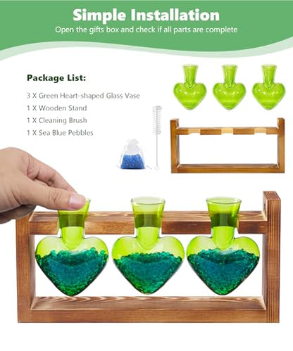Nacome Plant Terrarium with Wooden Stand, 3 Heart Bulb Glass Vases | Wooden Stand Tabletop for Air Planter, Gifts for Mom Plant Lovers Mom Women Wife Grandma - color: Green
