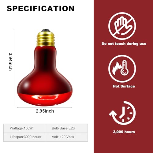 MIXJOY 150W Infrared Heat Lamp Bulbs, 2 Pack Reptile Infrared Heat Emitter Red Heat Lamp Bulbs Basking Light Bulbs for Reptiles, Bearded Dragon, Lizard, Tortoise, Chickens, Pets - style: 150W Infrared Bulbs