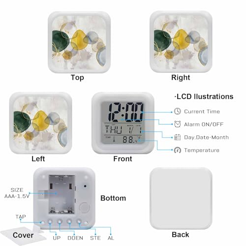 Abstract Ink Alarm Clock, Green Yellow Blue Ink Splatter Bubbles Drops Digital Clock Night Light with 7 Color, Calendar Temperature Display, NightLight Clock for Bedroom, 3.2x3.2in - color: Yellow,green,gray