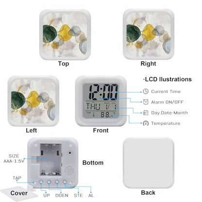 Abstract Ink Alarm Clock, Green Yellow Blue Ink Splatter Bubbles Drops Digital Clock Night Light with 7 Color, Calendar Temperature Display, NightLight Clock for Bedroom, 3.2x3.2in - color: Yellow,green,gray