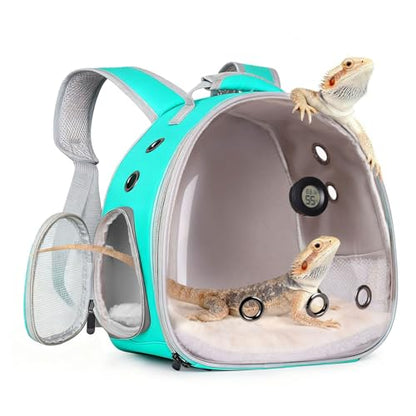 Bearded Dragon Backpack Carrier w/Reptile Thermometer Hygrometer, Clear Bubble Window Astronaut Space Capsule Travel Bag for Leopard Gecko, Ball Python, Lizard, Hermit Crab, Spider, Guinea Pig - color: Green