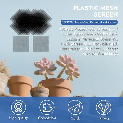 100 Pcs 4x4 Inch Plastic Mesh Screen for Plant Pots - Black Drainage Hole Covers for Succulents, Flowers & Planters - Bonsai Soil Mesh Pad Prevents Erosion, Adjustable Cut-to-Size Planter Liner