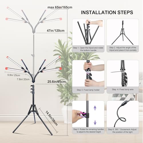 6Head Grow Light with Stand for Tall and Large Indoor Plants, Bonsai Tree, Big Coverage and Bright Plant Growing Lamps, 4/8/12/16/20H Timer, 54 Watt Power Draw, NO Need Adapter, 360° Gooseneck - size: Stand-6Head-54W