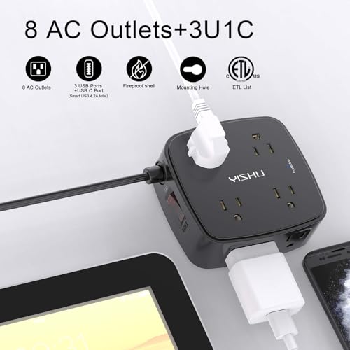 10 Ft Surge Protector Power Strip - YISHU 8 Widely Outlets with 4 USB Ports, 3 Side Outlet Extender with 10 Feet Flat Extension Cord, Ultra Flat Plug, Wall Mount, Desk USB Charging Station, ETL, Black - color: Black(Flat Cord), size: 10 Ft