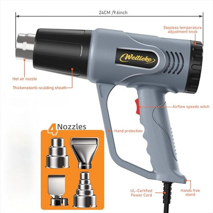 Heat Gun 122℉~1202℉ Dual Temperature Control Pistola De Calor with 4 Nozzles Kit Overload Protection Hot Air Gun For Crafting,Shrink Wrapping, Stripping Paint,5Ft Power Cord (V-F3000W)