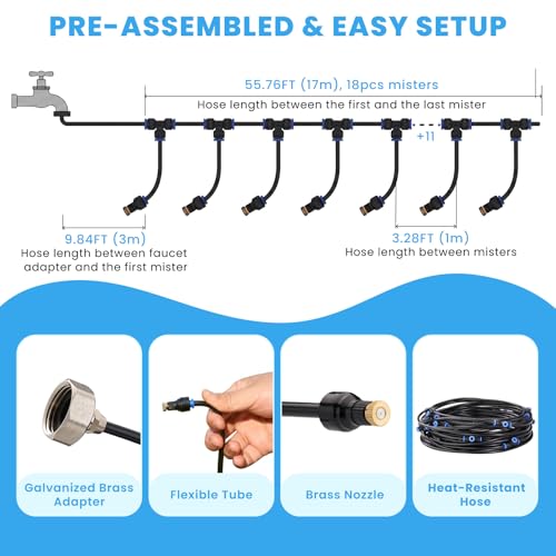 Adjustable Misting System, 360° Flexible Brass Nozzles, 65FT | Pre-assembled Mister Hose for Patio Cooling, Garden Irrigation, Greenhouse Watering, Pet Chicken Coop Cooling - size: 65FT / 20M
