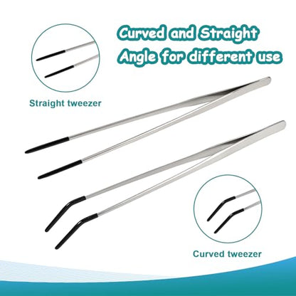2 Pack Extra Long Stainless Steel Reptile Feeding Tongs with Rubber Tip - 10.6" Straight And Curved Long Tweezers for Aquariums, Feeder for Beard Dragons, Lizard and Snakes (Silver)