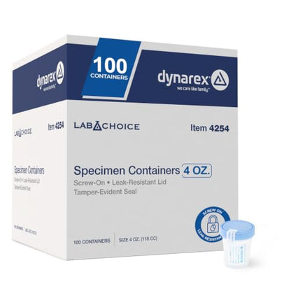 Dynarex Specimen Containers, 4 oz., Sterile, Bulk Packaged Specimen Cups with Clear Blue Lid, 1 Box of 100 (Packaging May Vary) | High-Density Polyethylene, Leak Resistant Design, Wide Mouth Opening, Screw Tight Blue Lid, For Urine Testing